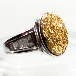 Vintage Gold Druzy Stone Ring in Set in Sterling Silver- 7.5